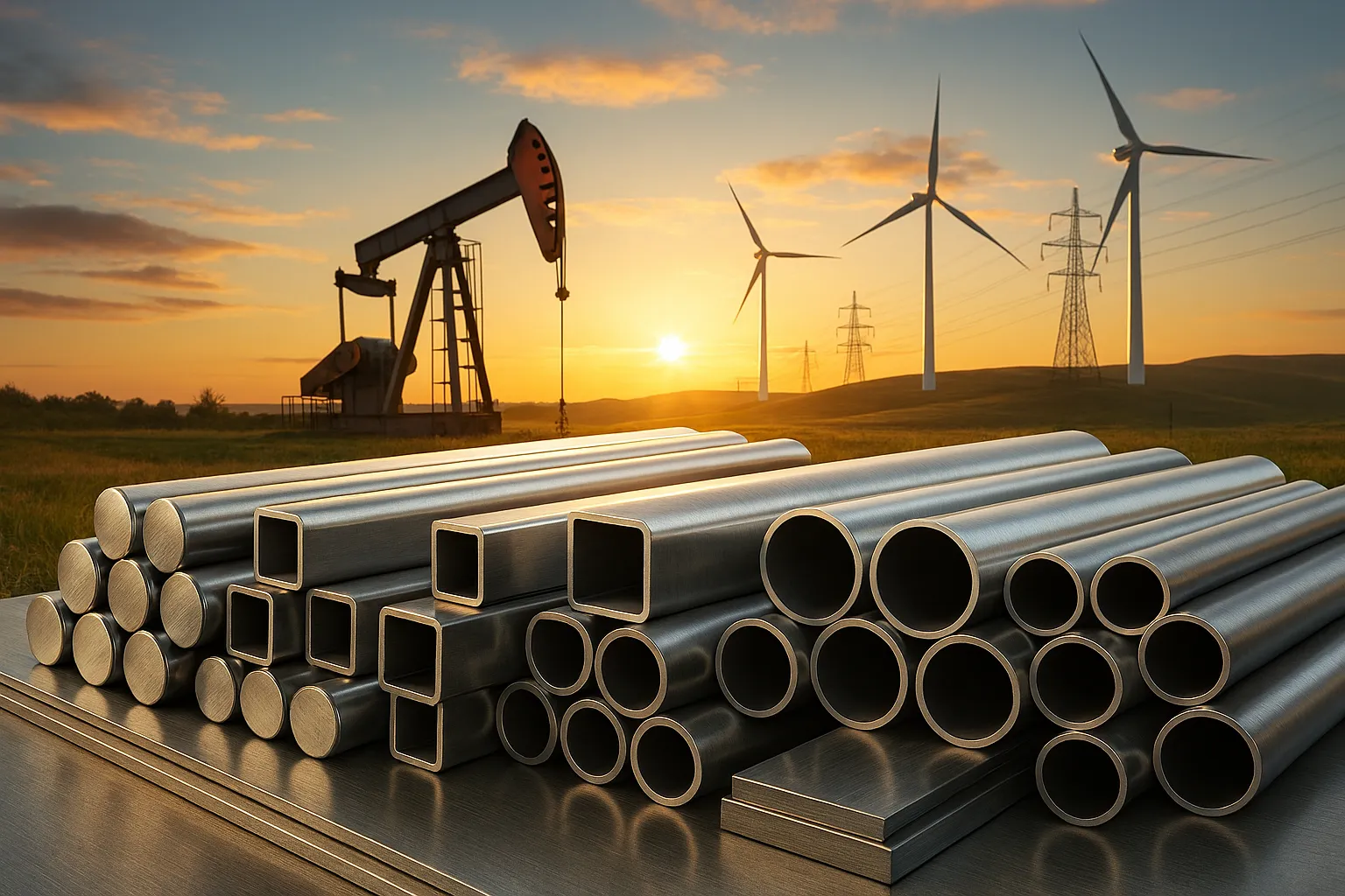 A sunrise over oil derricks, wind turbines, and transmission towers, with steel pipes in the foreground.